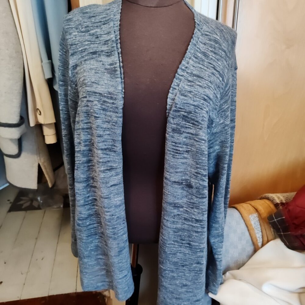 EILEEN FISHER Cardigan 2X Plus Organic Linen Drape Open Front Heathered Blue